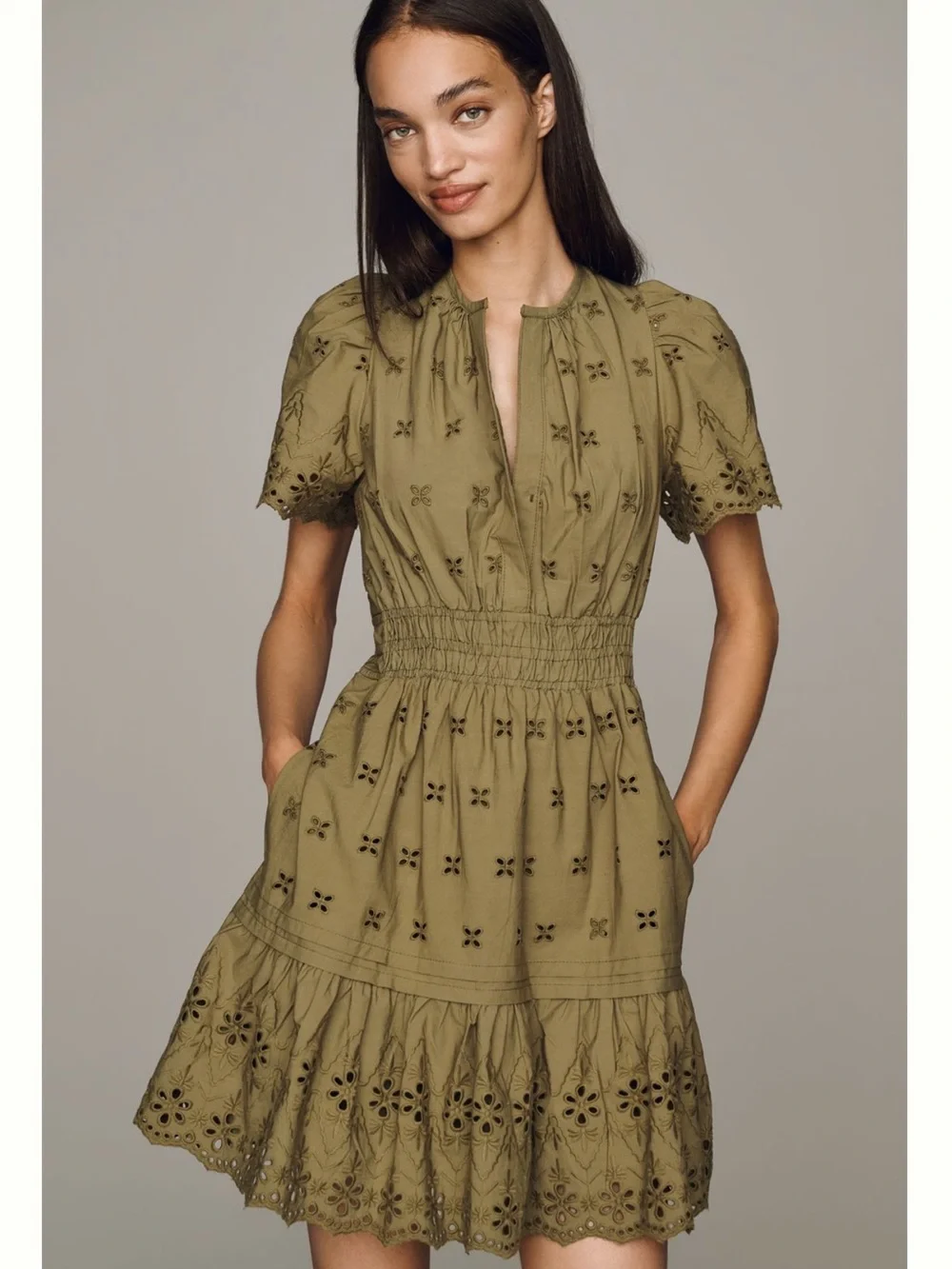 Anthropologie Somerset Smocked Mini Olive Eyelet Petite NWT - Picture 3 of 3